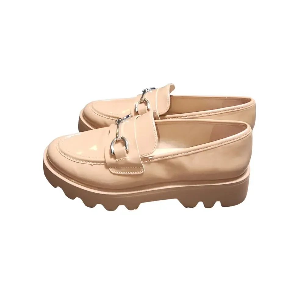 Chelsea & Violet 8M Tan Patent PU Horsebit Link Chunky Sole Platform Loafers